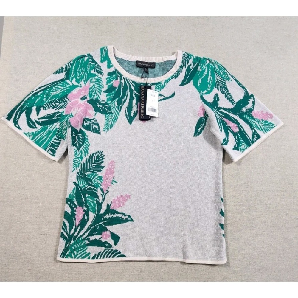 Banana Republic Floral Jacquard Tee Puff Sleeve Cotton Nylon Tropical Summer NWT